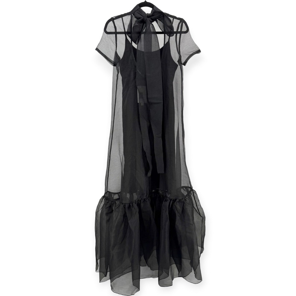NWT CAARA Melody High Neck Organza Tie Neck Tiered Hem Dress Black - Size Large - Picture 9 of 12